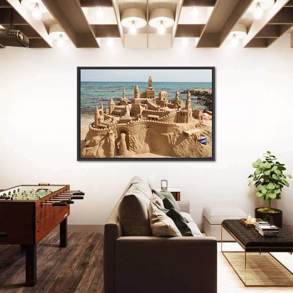Sandcastle On Mediterranean Beach Canvas Wall Art-1 Piece-Floating Frame-24" x 16"-Tiaracle