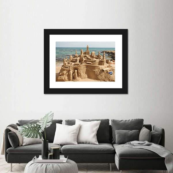 Sandcastle On Mediterranean Beach Canvas Wall Art-1 Piece-Framed Print-20" x 16"-Tiaracle