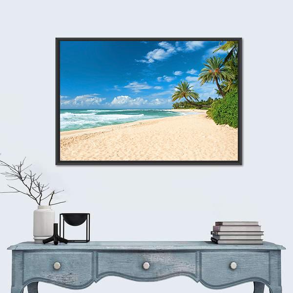 Sandy Beach With Palms Trees And Azure Ocean Canvas Wall Art-1 Piece-Floating Frame-24" x 16"-Tiaracle