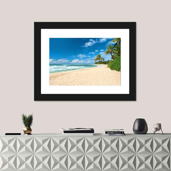 Sandy Beach With Palms Trees And Azure Ocean Canvas Wall Art-1 Piece-Framed Print-20" x 16"-Tiaracle