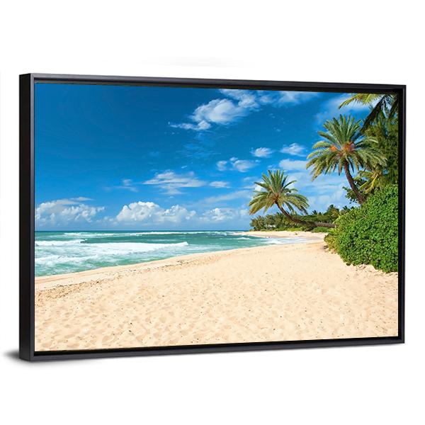 Sandy Beach With Palms Trees And Azure Ocean Canvas Wall Art-3 Horizontal-Gallery Wrap-25" x 16"-Tiaracle