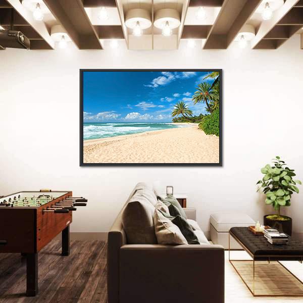 Sandy Beach With Palms Trees And Azure Ocean Canvas Wall Art-3 Horizontal-Gallery Wrap-25" x 16"-Tiaracle