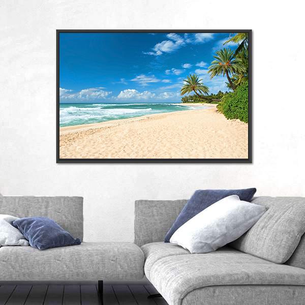 Sandy Beach With Palms Trees And Azure Ocean Canvas Wall Art-3 Horizontal-Gallery Wrap-25" x 16"-Tiaracle