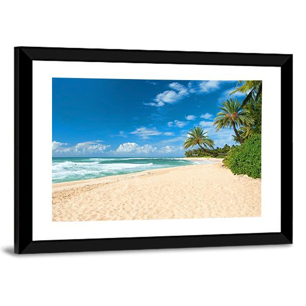Sandy Beach With Palms Trees And Azure Ocean Canvas Wall Art-3 Horizontal-Gallery Wrap-25" x 16"-Tiaracle
