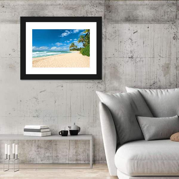 Sandy Beach With Palms Trees And Azure Ocean Canvas Wall Art-3 Horizontal-Gallery Wrap-25" x 16"-Tiaracle