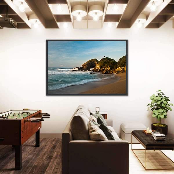 Sandy Beach With Rocks At Sunrise Canvas Wall Art-1 Piece-Floating Frame-36" x 24"-Tiaracle