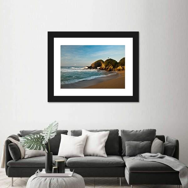 Sandy Beach With Rocks At Sunrise Canvas Wall Art-1 Piece-Framed Print-30" x 20"-Tiaracle