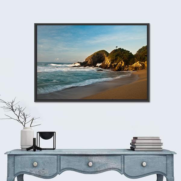 Sandy Beach With Rocks At Sunrise Canvas Wall Art-5 Horizontal-Gallery Wrap-22" x 12"-Tiaracle