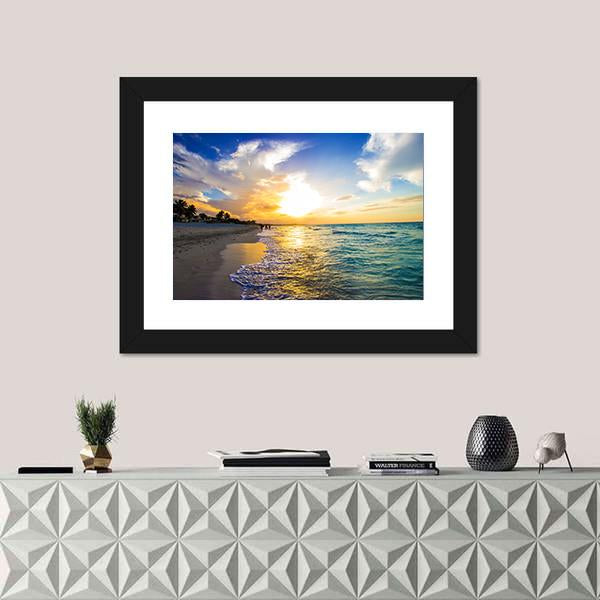 Sandy Beach With The Ocean At Sunset Canvas Wall Art-1 Piece-Framed Print-30" x 20"-Tiaracle
