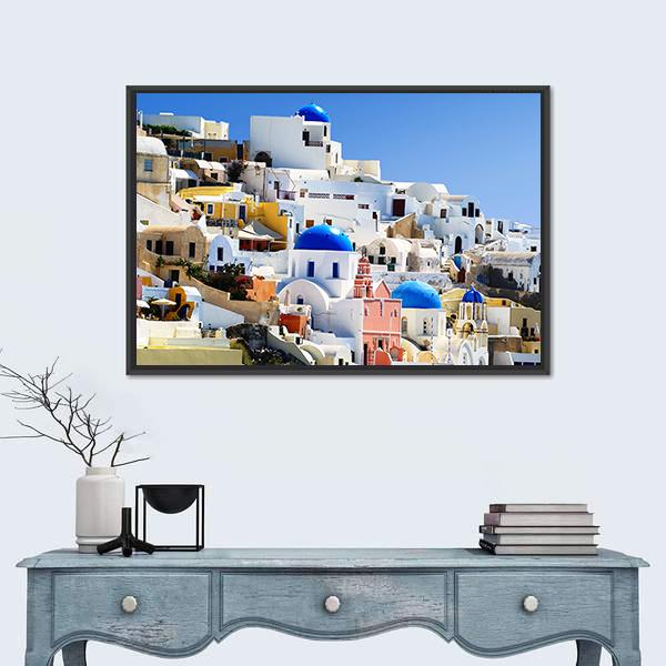 Santorini Island In Greece Village Of Oia Canvas Wall Art-1 Piece-Floating Frame-24" x 16"-Tiaracle