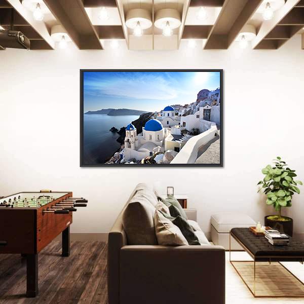 Santorini With Churches Canvas Wall Art-1 Piece-Floating Frame-24" x 16"-Tiaracle