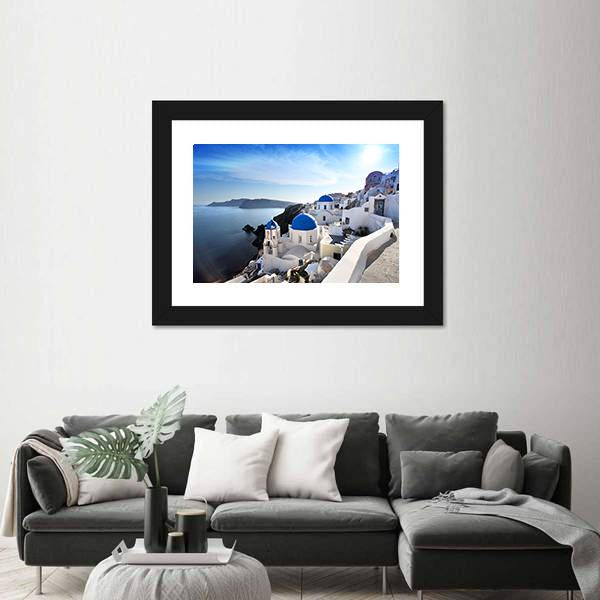 Santorini With Churches Canvas Wall Art-1 Piece-Framed Print-20" x 16"-Tiaracle