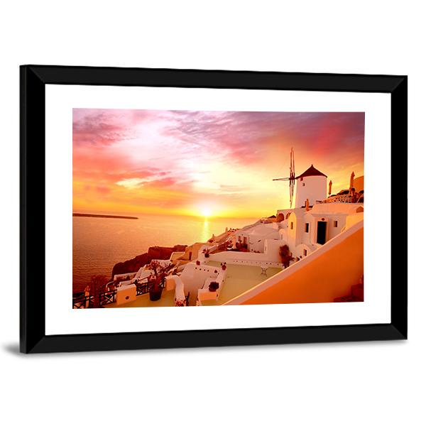 Santorini With Famous Windmill In Greece Canvas Wall Art-5 Horizontal-Gallery Wrap-22" x 12"-Tiaracle