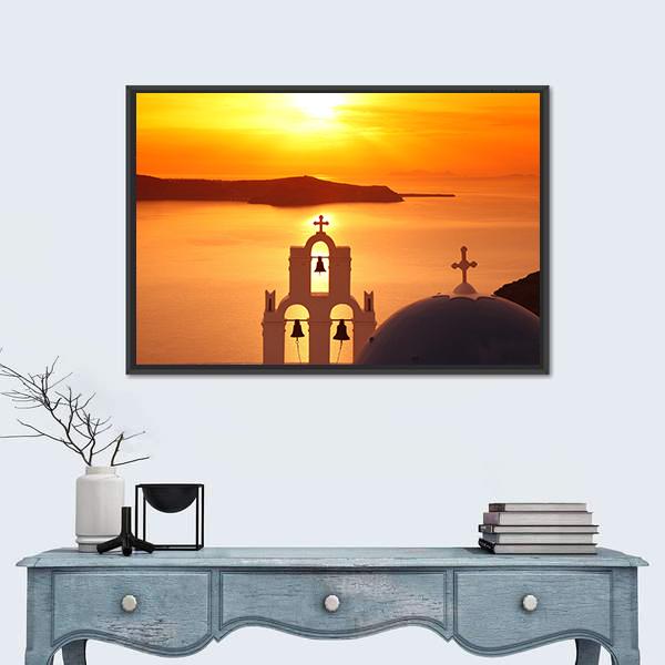 Santorini With Firostefani Church Canvas Wall Art-1 Piece-Floating Frame-24" x 16"-Tiaracle