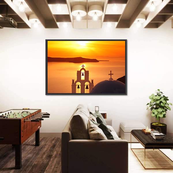 Santorini With Firostefani Church Canvas Wall Art-3 Horizontal-Gallery Wrap-25" x 16"-Tiaracle