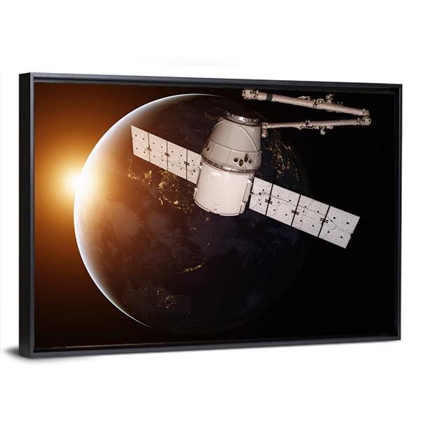 Satellite Orbiting The Planet Earth Canvas Wall Art-3 Horizontal-Gallery Wrap-25" x 16"-Tiaracle