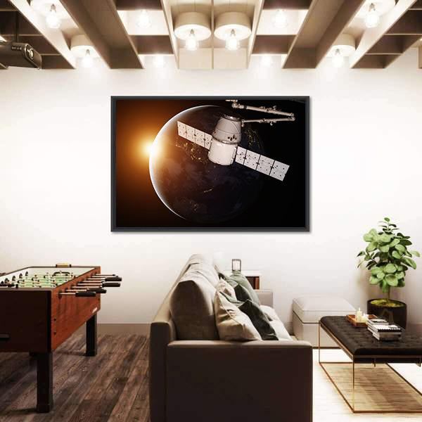 Satellite Orbiting The Planet Earth Canvas Wall Art-3 Horizontal-Gallery Wrap-25" x 16"-Tiaracle