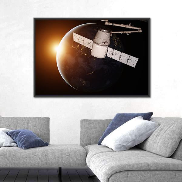 Satellite Orbiting The Planet Earth Canvas Wall Art-3 Horizontal-Gallery Wrap-25" x 16"-Tiaracle