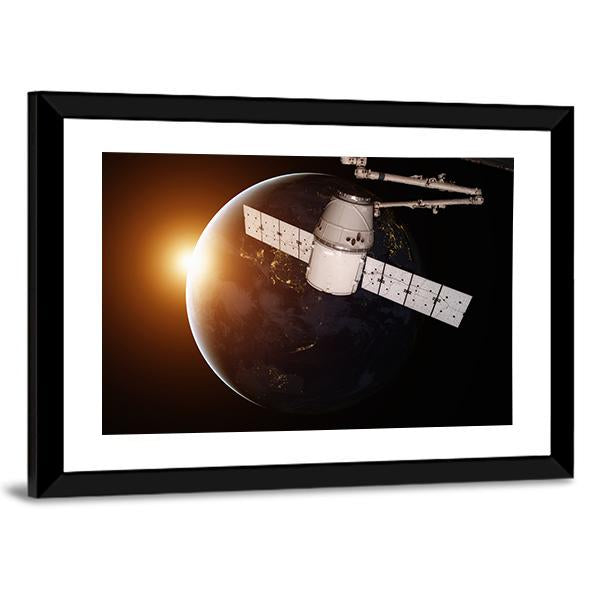 Satellite Orbiting The Planet Earth Canvas Wall Art-3 Horizontal-Gallery Wrap-25" x 16"-Tiaracle