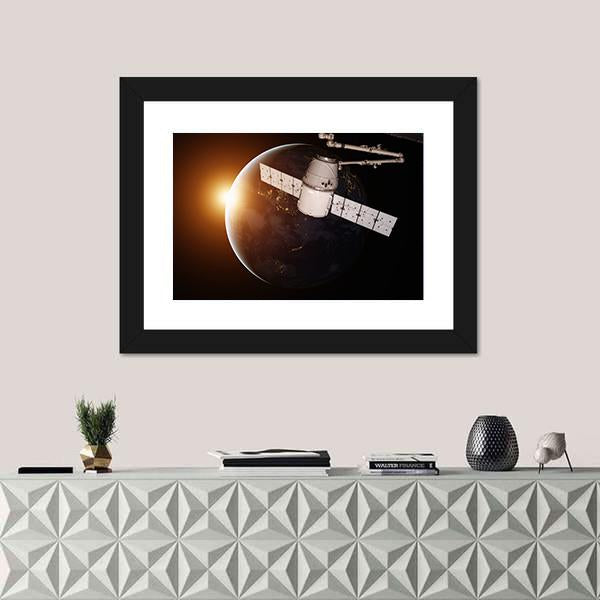 Satellite Orbiting The Planet Earth Canvas Wall Art-3 Horizontal-Gallery Wrap-25" x 16"-Tiaracle