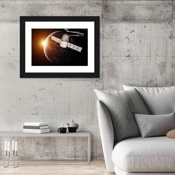 Satellite Orbiting The Planet Earth Canvas Wall Art-3 Horizontal-Gallery Wrap-25" x 16"-Tiaracle