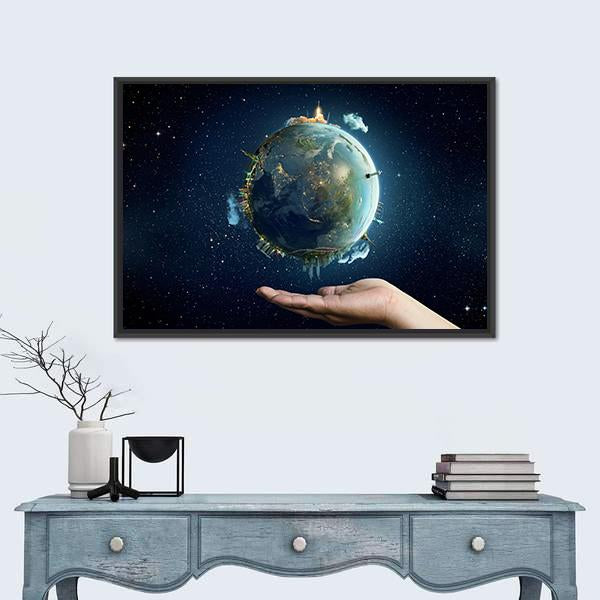 Saving Home Planet Earth Canvas Wall Art-1 Piece-Floating Frame-24" x 16"-Tiaracle