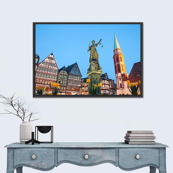 Scales Of Justice At Romerberg Square Canvas Wall Art-1 Piece-Floating Frame-24" x 16"-Tiaracle