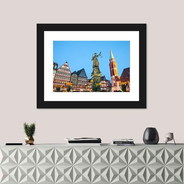 Scales Of Justice At Romerberg Square Canvas Wall Art-1 Piece-Framed Print-20" x 16"-Tiaracle