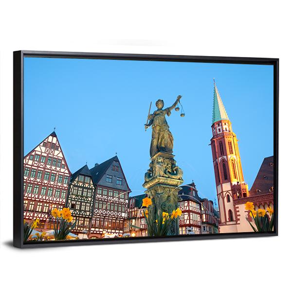 Scales Of Justice At Romerberg Square Canvas Wall Art-3 Horizontal-Gallery Wrap-25" x 16"-Tiaracle