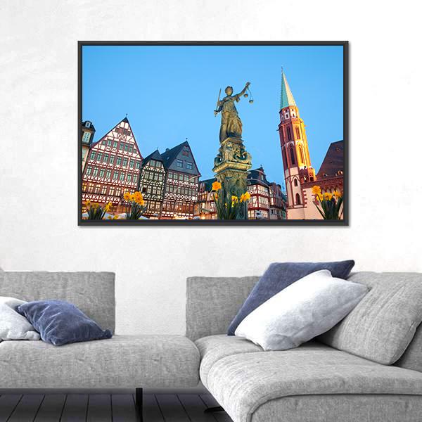Scales Of Justice At Romerberg Square Canvas Wall Art-3 Horizontal-Gallery Wrap-25" x 16"-Tiaracle