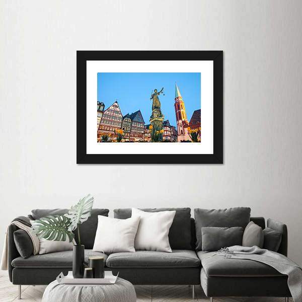 Scales Of Justice At Romerberg Square Canvas Wall Art-3 Horizontal-Gallery Wrap-25" x 16"-Tiaracle