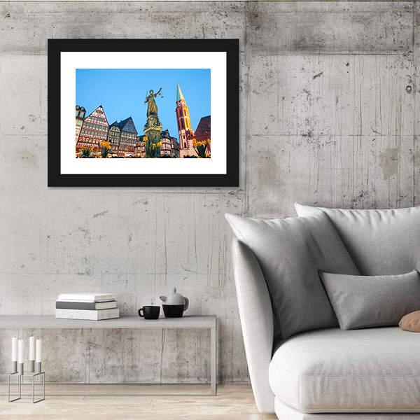 Scales Of Justice At Romerberg Square Canvas Wall Art-3 Horizontal-Gallery Wrap-25" x 16"-Tiaracle