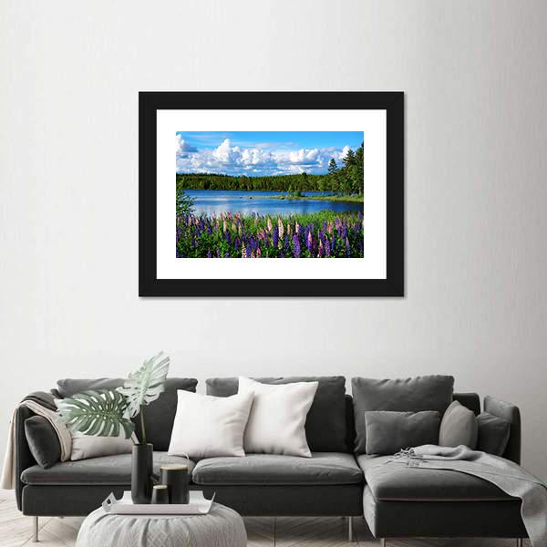 Scandinavian Summer Landscape With Lupies And Lake Canvas Wall Art-1 Piece-Framed Print-30" x 20"-Tiaracle