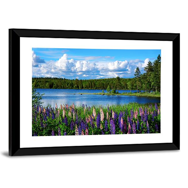 Scandinavian Summer Landscape With Lupies And Lake Canvas Wall Art-5 Horizontal-Gallery Wrap-22" x 12"-Tiaracle