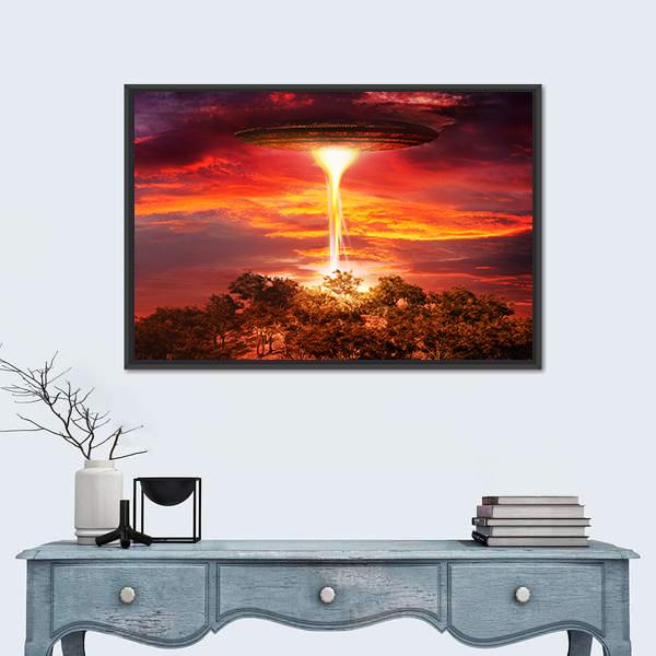 Scene With UFO Floating Over The Island Canvas Wall Art-1 Piece-Floating Frame-24" x 16"-Tiaracle