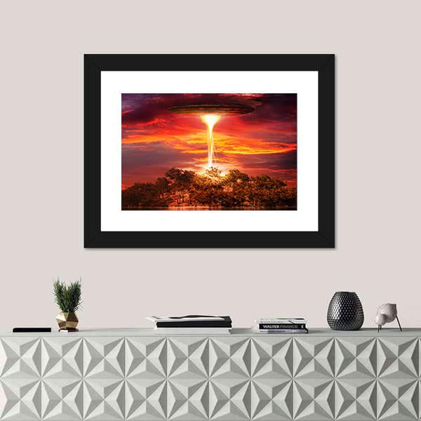 Scene With UFO Floating Over The Island Canvas Wall Art-1 Piece-Framed Print-20" x 16"-Tiaracle