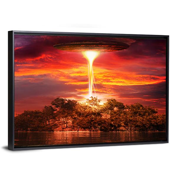 Scene With UFO Floating Over The Island Canvas Wall Art-3 Horizontal-Gallery Wrap-25" x 16"-Tiaracle