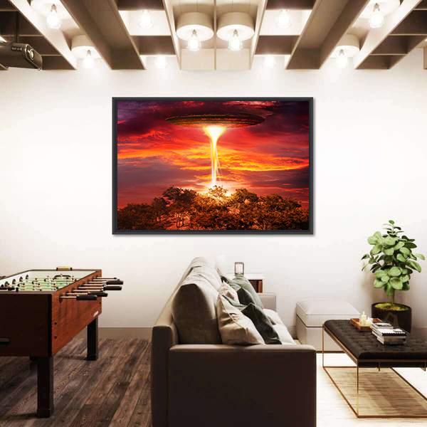 Scene With UFO Floating Over The Island Canvas Wall Art-3 Horizontal-Gallery Wrap-25" x 16"-Tiaracle