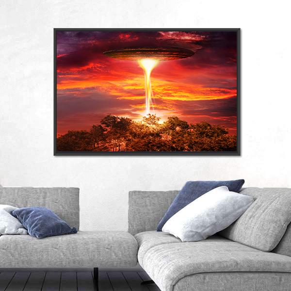 Scene With UFO Floating Over The Island Canvas Wall Art-3 Horizontal-Gallery Wrap-25" x 16"-Tiaracle