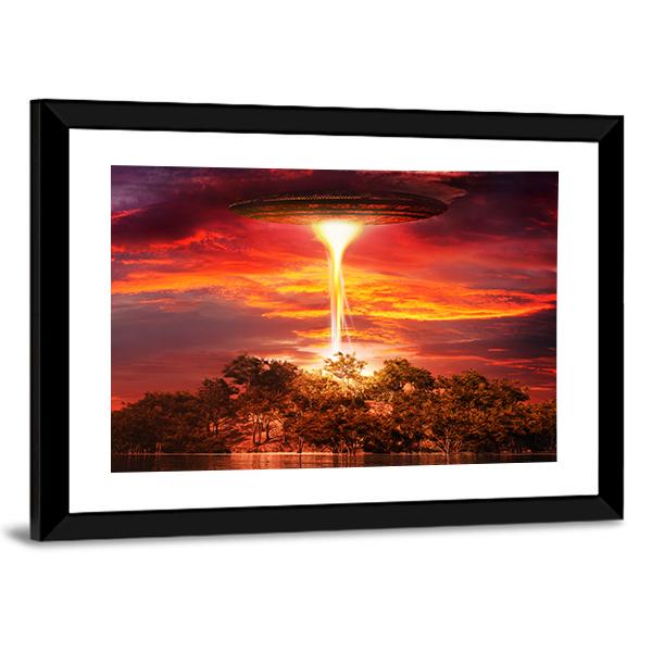 Scene With UFO Floating Over The Island Canvas Wall Art-3 Horizontal-Gallery Wrap-25" x 16"-Tiaracle
