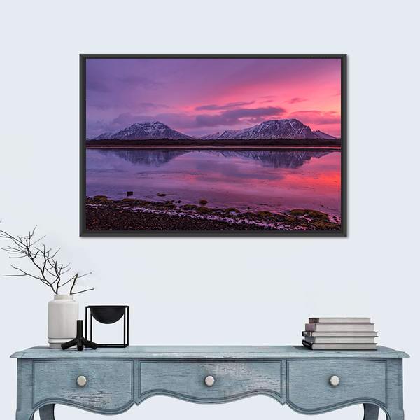 Scenery Of Mountains With Lake At Sunset Canvas Wall Art-1 Piece-Floating Frame-24" x 16"-Tiaracle