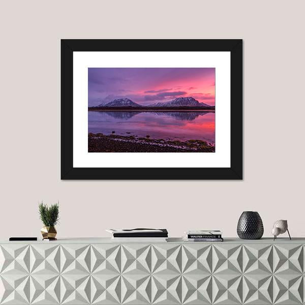 Scenery Of Mountains With Lake At Sunset Canvas Wall Art-1 Piece-Framed Print-20" x 16"-Tiaracle