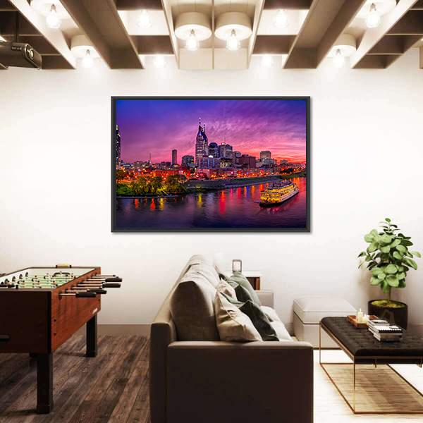 Scenery Of Nashville Skyline With Boat Canvas Wall Art-1 Piece-Floating Frame-36" x 24"-Tiaracle