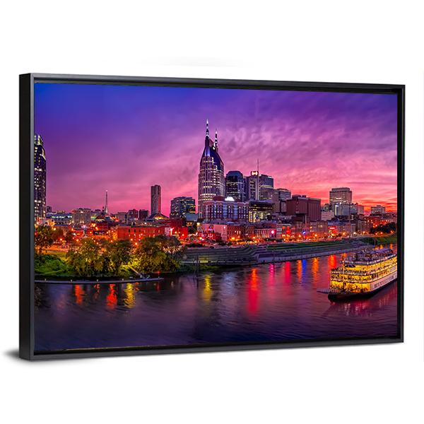 Scenery Of Nashville Skyline With Boat Canvas Wall Art-3 Horizontal-Gallery Wrap-25" x 16"-Tiaracle