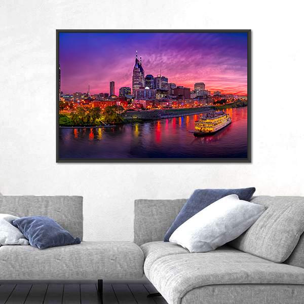 Scenery Of Nashville Skyline With Boat Canvas Wall Art-5 Horizontal-Gallery Wrap-22" x 12"-Tiaracle