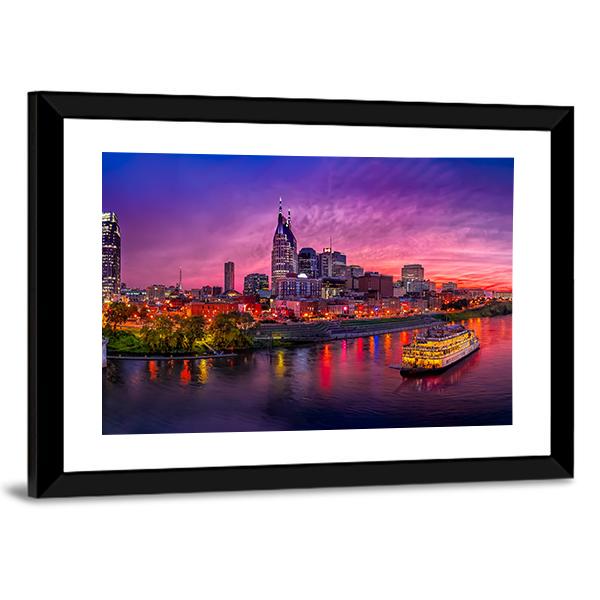 Scenery Of Nashville Skyline With Boat Canvas Wall Art-3 Horizontal-Gallery Wrap-25" x 16"-Tiaracle