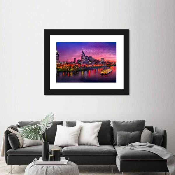 Scenery Of Nashville Skyline With Boat Canvas Wall Art-3 Horizontal-Gallery Wrap-25" x 16"-Tiaracle