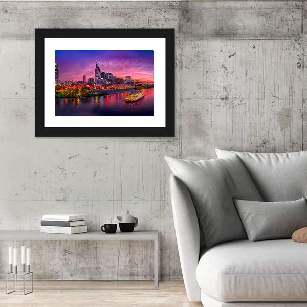 Scenery Of Nashville Skyline With Boat Canvas Wall Art-5 Horizontal-Gallery Wrap-22" x 12"-Tiaracle