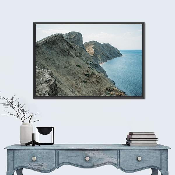 Scenic Calm Seashore With Crimean Mountains Ridge Canvas Wall Art-1 Piece-Floating Frame-24" x 16"-Tiaracle