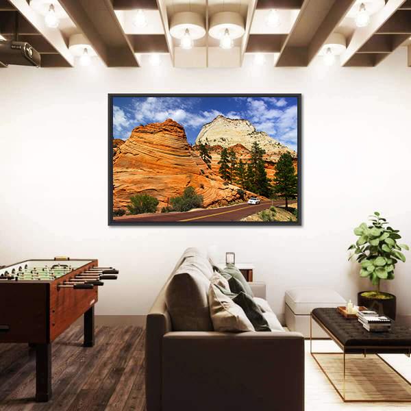 Scenic Drive In Zion National Park Canvas Wall Art-1 Piece-Floating Frame-24" x 16"-Tiaracle